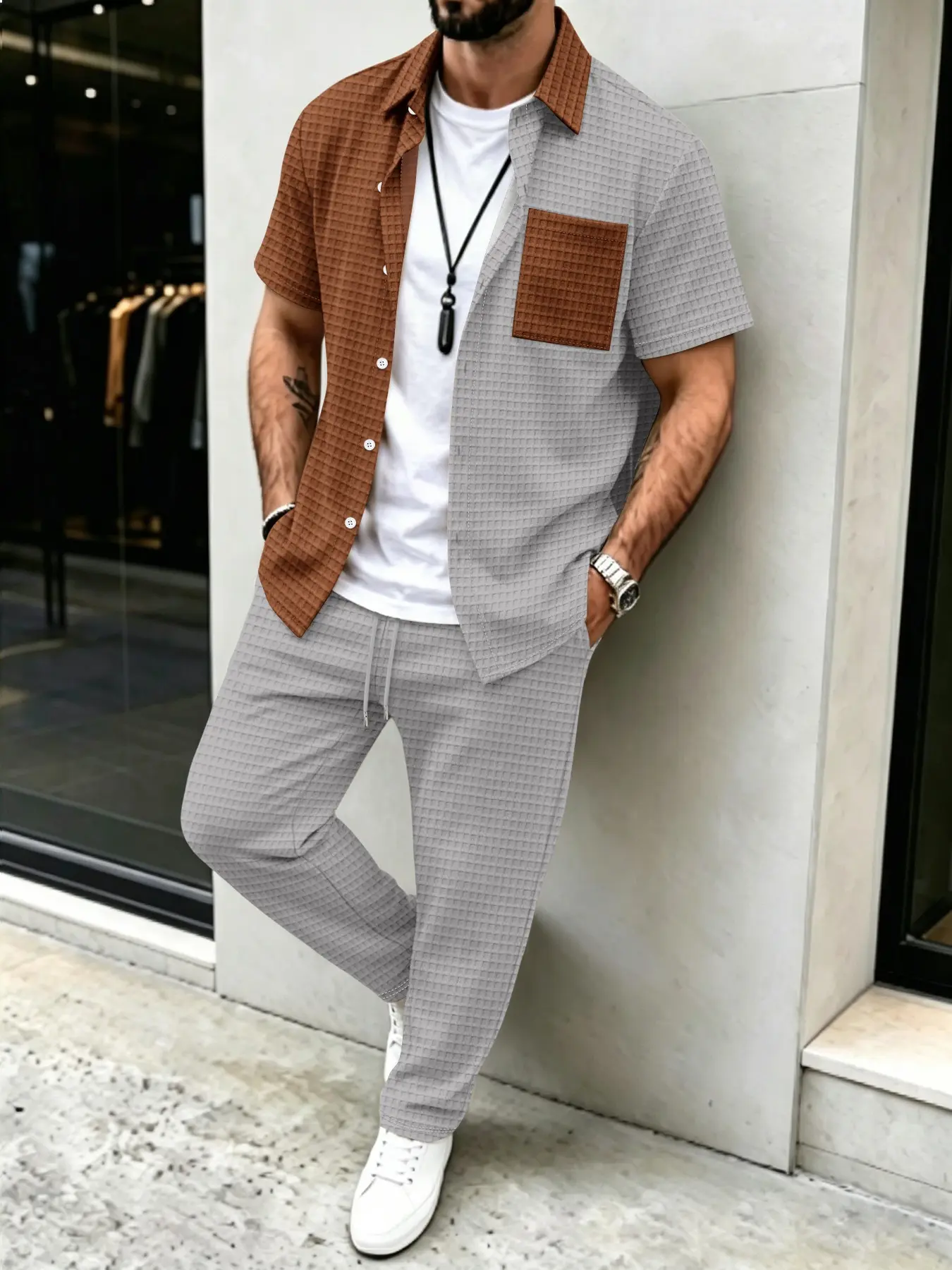 Mens Fashion Clothes - Men's Solid Waffle Pattern Casual, Color